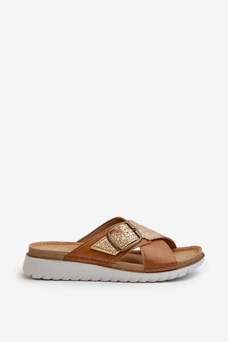 Outlet INBLU Wygodne Klapki Damskie Z Klamrą CN000032 Camel