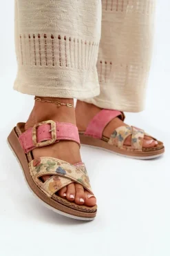 Damskie INBLU Wygodne Klapki Damskie Z Klamrą W Kwiaty GS000051 Różowe