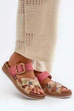 Damskie INBLU Wygodne Klapki Damskie Z Klamrą W Kwiaty GS000051 Różowe