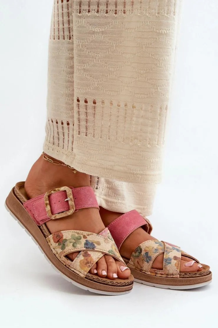 Damskie INBLU Wygodne Klapki Damskie Z Klamrą W Kwiaty GS000051 Różowe