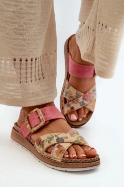 Damskie INBLU Wygodne Klapki Damskie Z Klamrą W Kwiaty GS000051 Różowe