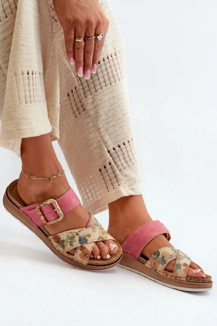 Damskie INBLU Wygodne Klapki Damskie Z Klamrą W Kwiaty GS000051 Różowe