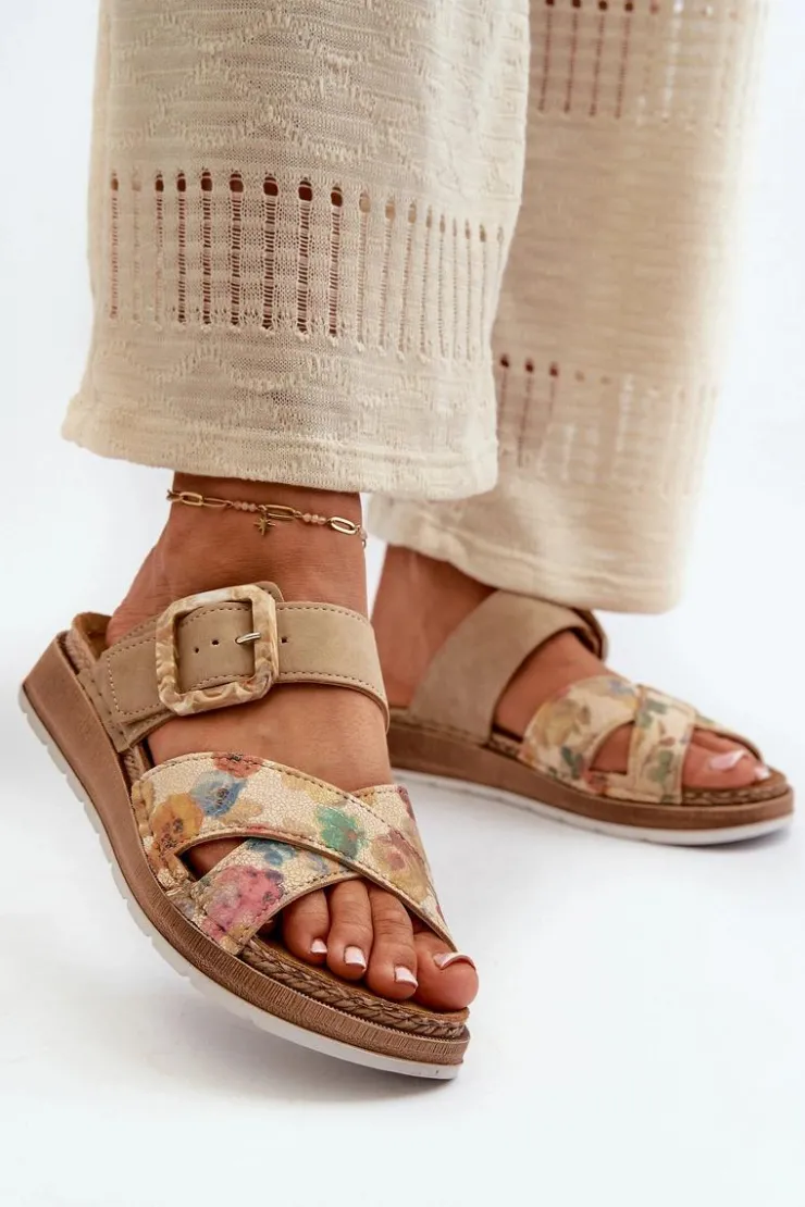 INBLU Klapki Damskie Klasyczne*Wygodne Klapki Damskie Z Klamrą W Kwiaty GS000051 Brązowe