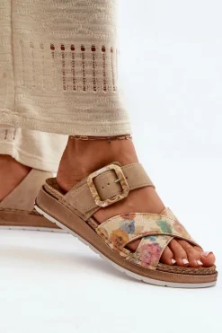 INBLU Klapki Damskie Klasyczne*Wygodne Klapki Damskie Z Klamrą W Kwiaty GS000051 Brązowe