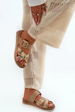 INBLU Klapki Damskie Klasyczne*Wygodne Klapki Damskie Z Klamrą W Kwiaty GS000051 Brązowe