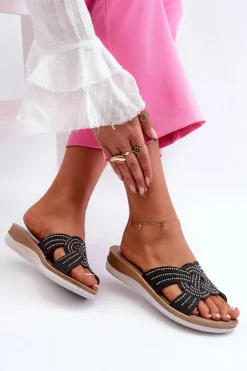 Online INBLU Wygodne Klapki Damskie Z Cyrkoniami BV000037 Czarne Czarny