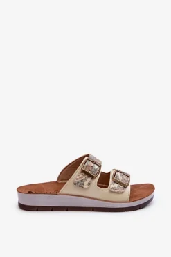 Outlet INBLU Wygodne Klapki Damskie Z Klamrami CP000045 Złote Złoty