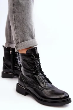 Damskie Boto Wygodne Lakierowane Ocieplane Botki Czarne Lemar Revin