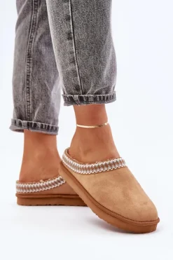 INBLU Kapcie Klasyczne|Klapki Damskie Klasyczne*Wygodne Obuwie Domowe Kapcie Z Haftem Damskie FX000021 Camel Brązowy