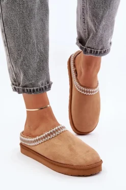 INBLU Kapcie Klasyczne|Klapki Damskie Klasyczne*Wygodne Obuwie Domowe Kapcie Z Haftem Damskie FX000021 Camel Brązowy