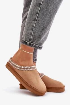 INBLU Kapcie Klasyczne|Klapki Damskie Klasyczne*Wygodne Obuwie Domowe Kapcie Z Haftem Damskie FX000021 Camel Brązowy