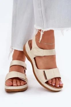 Best Evento Wygodne Sandały Damskie Na Rzep Złote Iphiope Złoty