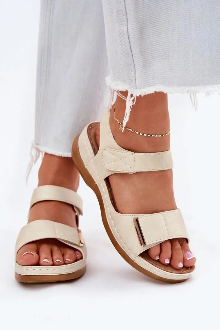 Best Evento Wygodne Sandały Damskie Na Rzep Złote Iphiope Złoty