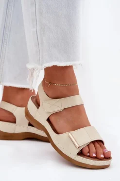 Best Evento Wygodne Sandały Damskie Na Rzep Złote Iphiope Złoty