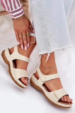 Best Evento Wygodne Sandały Damskie Na Rzep Złote Iphiope Złoty