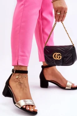 Damskie Evento Wygodne Sandały Na Niskim Obcasie Czarno-Złote Layna