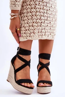 Damskie Boto Wygodne Sandały Na Wysokim Koturnie Czarne Lemira