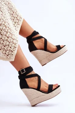 Damskie Boto Wygodne Sandały Na Wysokim Koturnie Czarne Lemira