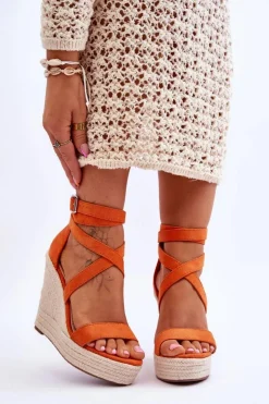 Boto Sandały Na Koturnie*Wygodne Sandały Na Wysokim Koturnie Pomarańczowe Lemira