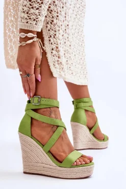 Boto Sandały Na Koturnie*Wygodne Sandały Na Wysokim Koturnie Zielone Lemira