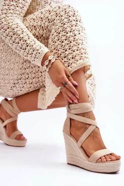 Damskie Boto Wygodne Sandały Na Wysokim Koturnie Beżowe Lemira