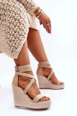 Damskie Boto Wygodne Sandały Na Wysokim Koturnie Beżowe Lemira