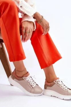 Damskie Boto Wygodne Skórzane Buty Sportowe Na Platformie Beżowe Alisane