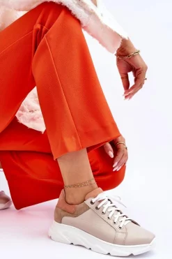 Damskie Boto Wygodne Skórzane Buty Sportowe Na Platformie Beżowe Alisane