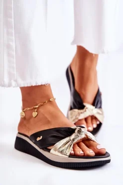 New Evento Wygodne Skórzane Damskie Klapki Czarno-Złote Neyla