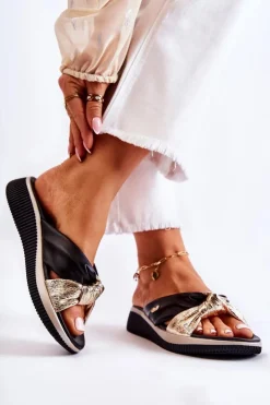 New Evento Wygodne Skórzane Damskie Klapki Czarno-Złote Neyla