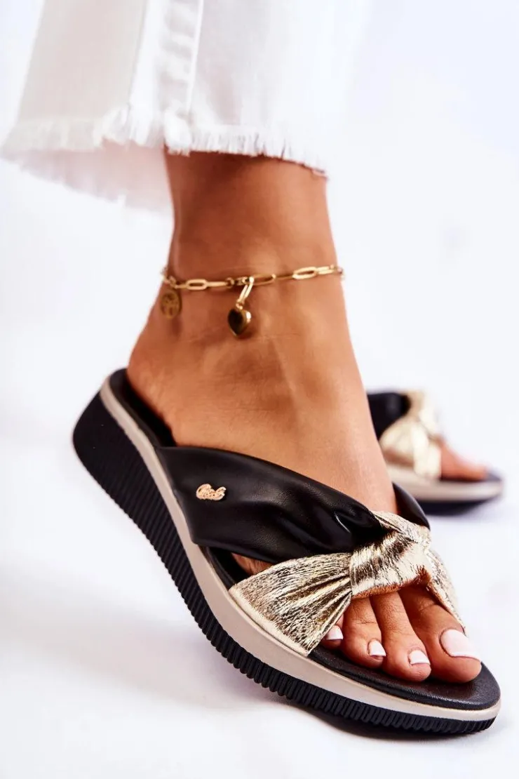 New Evento Wygodne Skórzane Damskie Klapki Czarno-Złote Neyla