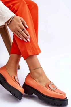 Damskie Boto Wygodne Skórzane Mokasyny Pomarańczowe Agathe