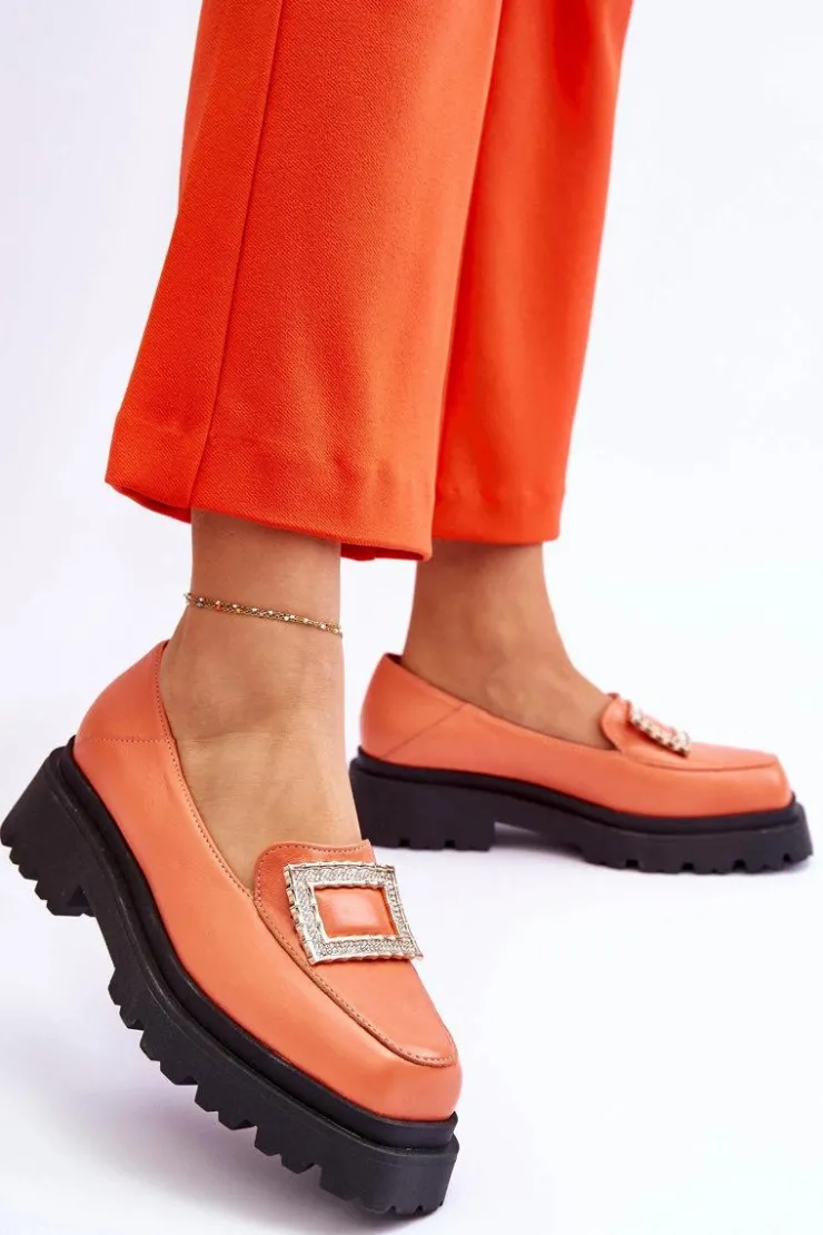 Damskie Boto Wygodne Skórzane Mokasyny Pomarańczowe Agathe