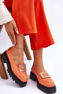 Damskie Boto Wygodne Skórzane Mokasyny Pomarańczowe Agathe