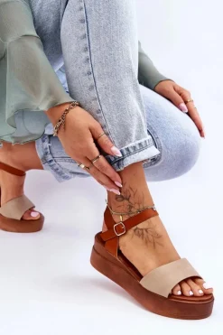 Boto Sandały Na Koturnie*Wygodne Skórzane Sandały Na Koturnie Beżowo-Brązowe Tifena