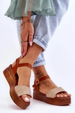 Boto Sandały Na Koturnie*Wygodne Skórzane Sandały Na Koturnie Beżowo-Brązowe Tifena