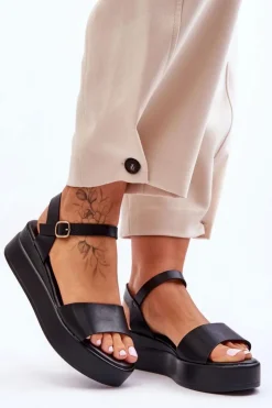 Damskie Boto Wygodne Skórzane Sandały Na Koturnie Czarne Tifena