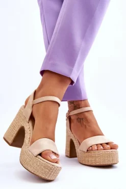 Boto Sandały Na Obcasie*Wygodne Zamszowe Sandały Na Masywnym Słupku Beżowe Elishia