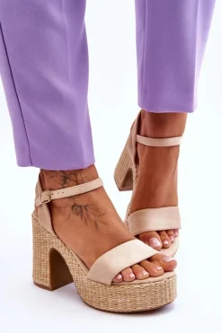 Boto Sandały Na Obcasie*Wygodne Zamszowe Sandały Na Masywnym Słupku Beżowe Elishia
