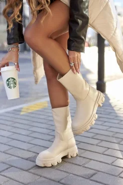 Damskie Damskie buty S.Barski Wysokie Botki Na Traperze Beżowe Loren