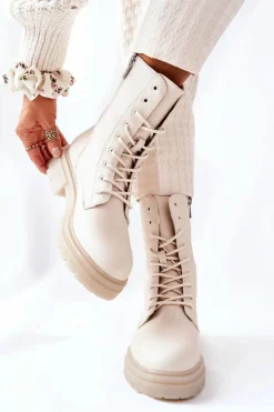 Boto Botki Sznurowane|Botki Zimowe Damskie*Wysokie Botki Workery Beżowe Rozelle Beżowy