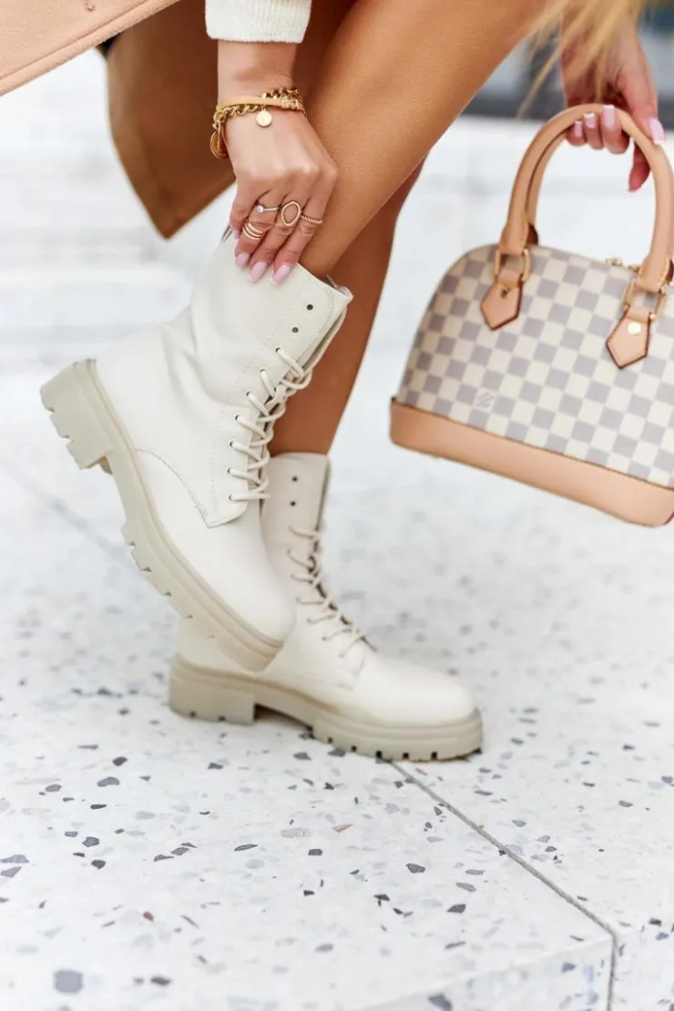 Boto Botki Sznurowane|Botki Zimowe Damskie*Wysokie Botki Workery Beżowe Rozelle Beżowy