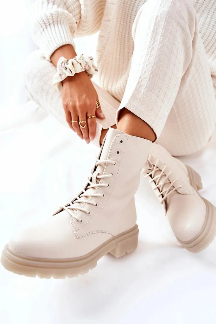 Boto Botki Sznurowane|Botki Zimowe Damskie*Wysokie Botki Workery Beżowe Rozelle Beżowy