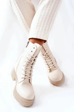 Boto Botki Sznurowane|Botki Zimowe Damskie*Wysokie Botki Workery Beżowe Rozelle Beżowy