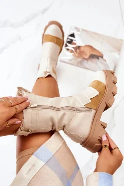 Boto Wysokie Botki Workery Na Suwak Beżowe Nerisa