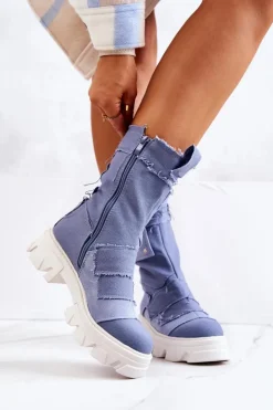 Damskie Boto Wysokie Botki Workery Na Suwak Niebieskie Nerisa