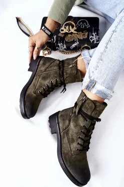 Evento Botki Ocieplane|Botki Sznurowane*Wysokie Botki Workery Z Suwakami Zielone Maisa