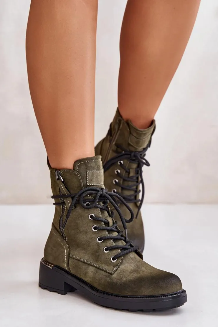 Damskie Evento Wysokie Botki Workery Z Suwakami Zielone Maisa