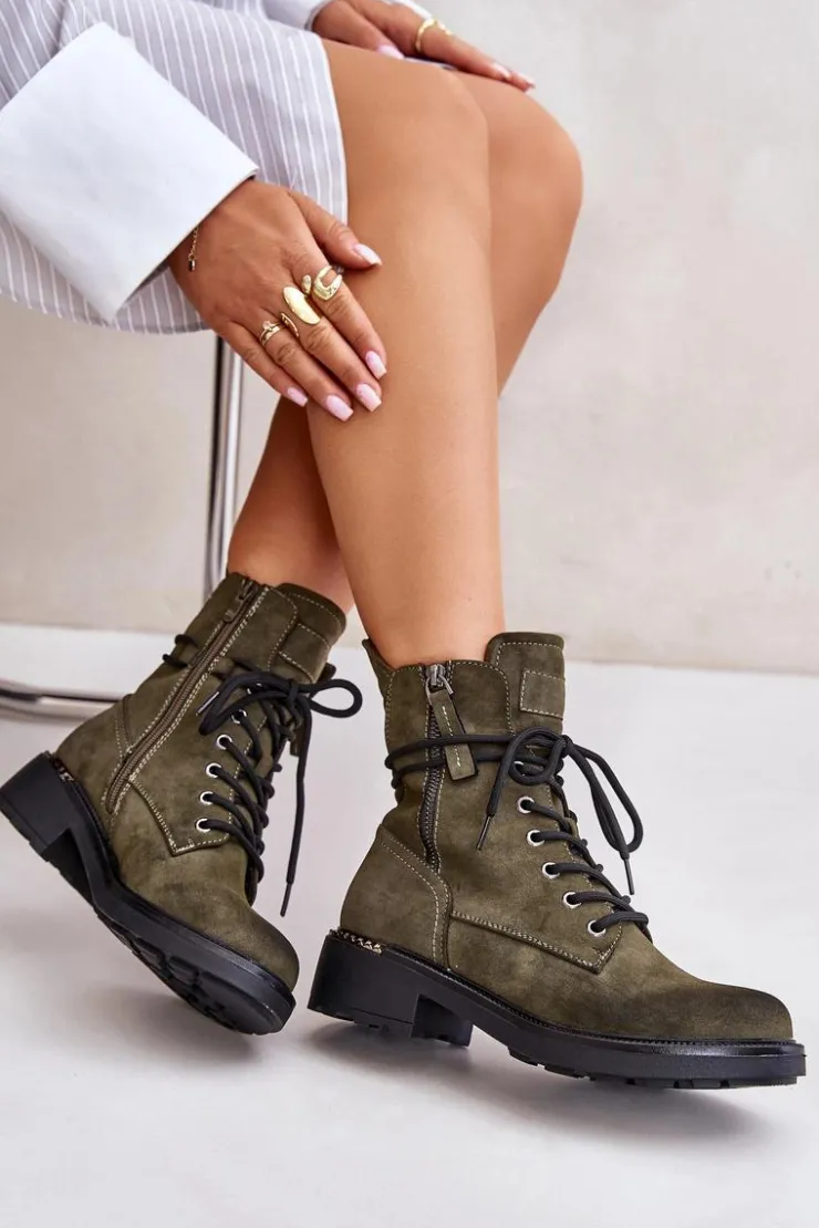 Damskie Evento Wysokie Botki Workery Z Suwakami Zielone Maisa