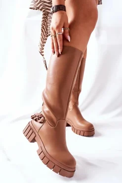 Boto Kozaki Ocieplane|Kozaki Płaskie*Wysokie Brązowe Kozaki z Łańcuchem Teardown Brązowy